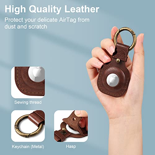 Fintie Protective Case Holder for AirTag Tracker with Keychain, Vegan Leather Anti-Lost & Scratch Resistance Key Ring Cover Compatible with Apple AirTags 2021 Finder for Wallet, Luggage, Pets, Brown