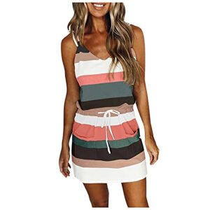baralonly summer dresses for women beach casual sleeveless v neck tunic striped splicing sling strap dress with drawstring