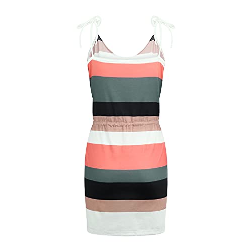 Baralonly Summer Dresses for Women Beach Casual Sleeveless V Neck Tunic Striped Splicing Sling Strap Dress with Drawstring