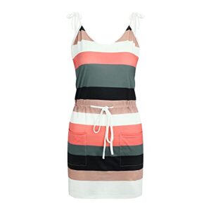 Baralonly Summer Dresses for Women Beach Casual Sleeveless V Neck Tunic Striped Splicing Sling Strap Dress with Drawstring