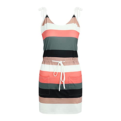 Baralonly Summer Dresses for Women Beach Casual Sleeveless V Neck Tunic Striped Splicing Sling Strap Dress with Drawstring