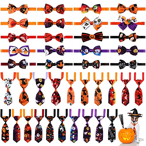 40 Pieces Halloween Pet Neckties and Bow Ties Collars Set Adjustable Pumpkin Skull Cat Bowties Dog Ties with Adjustable Collar Halloween Pet Costume for Dogs Puppies Cats Holiday Daily Wearing