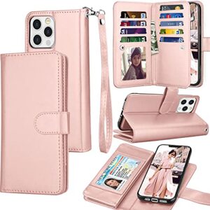 tekcoo wallet case compatible with iphone 13 (6.1 inch) 2021 luxury id cash credit card slots holder carrying pouch folio flip pu leather cover [detachable magnetic hard case] with strap [rose gold]