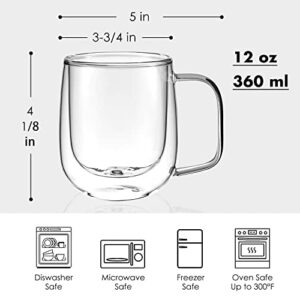 vzaahu Double Wall Coffee Mugs with Handle [2-Pack,12 Oz] Glasses Espresso Cups Clear Glass Coffee Mug Set for Cappuccino Tea Latte Beverage, Glasses Heat Resistant Dishwasher Microwave Safe