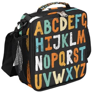 alphabet theme lunch box for boys girls, english letter insulated lunch bag reusable meal prep thermal cooler tote bag waterproof leakproof lunch bag with shoulder strap for school picnic beach hiking