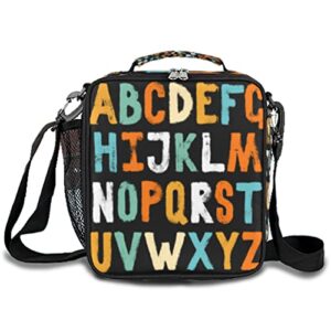 Alphabet Theme Lunch Box for Boys Girls, English Letter Insulated Lunch Bag Reusable Meal Prep Thermal Cooler Tote Bag Waterproof Leakproof Lunch Bag with Shoulder Strap for School Picnic Beach Hiking