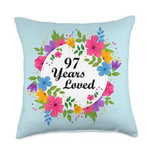 Men Women 97th Birthday Gift Apparel 97 Years Old Floral Design Grandpa Grandma 97th Birthday Throw Pillow, 18x18, Multicolor