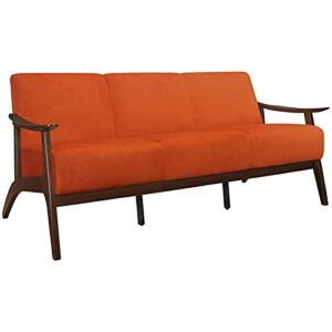 pemberly row mid century velvet sofa, 3 seater upholstered modern couch for living room, orange