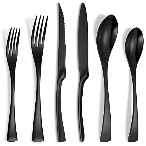 Lemeya 24 Piece Black Silverware Set with Steak Knives,18/10 Stainless Steel Cutlery Utensils Modern Flatware Set Service for 4,Include Knife/Fork/Spoon, Mirror Polished,Dishwasher Safe