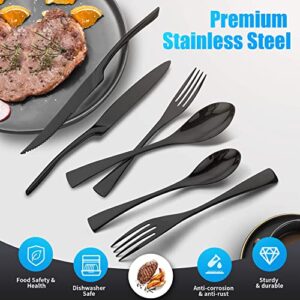 Lemeya 24 Piece Black Silverware Set with Steak Knives,18/10 Stainless Steel Cutlery Utensils Modern Flatware Set Service for 4,Include Knife/Fork/Spoon, Mirror Polished,Dishwasher Safe