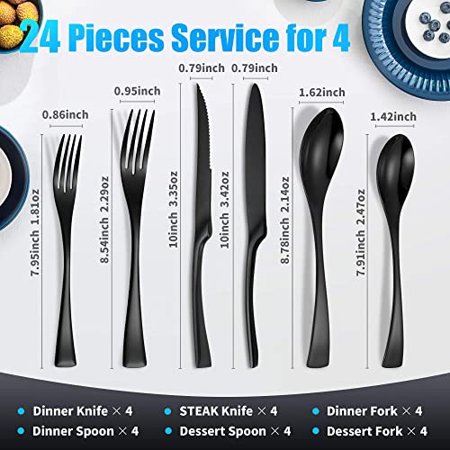 Lemeya 24 Piece Black Silverware Set with Steak Knives,18/10 Stainless Steel Cutlery Utensils Modern Flatware Set Service for 4,Include Knife/Fork/Spoon, Mirror Polished,Dishwasher Safe