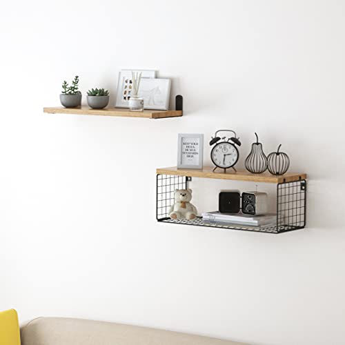 Floating Shelves Wall Mounted, Rustic Wood Bathroom Shelves Over Toilet with Paper Storage Basket, Farmhouse Floating Shelf for Wall Decor, Bedroom/Living Room/Kitchen/Plants/Books/Set of 3