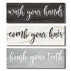 creoate bathroom rules wall decor, set of 3 - wash your hands, brush your teeth, comb your hair - decorative rustic wood farmhouse bathroom wall decor, small