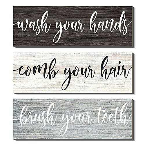 Creoate Bathroom Rules Wall Decor, Set of 3 - Wash Your Hands, Brush Your Teeth, Comb Your Hair - Decorative Rustic Wood Farmhouse Bathroom Wall Decor, Small