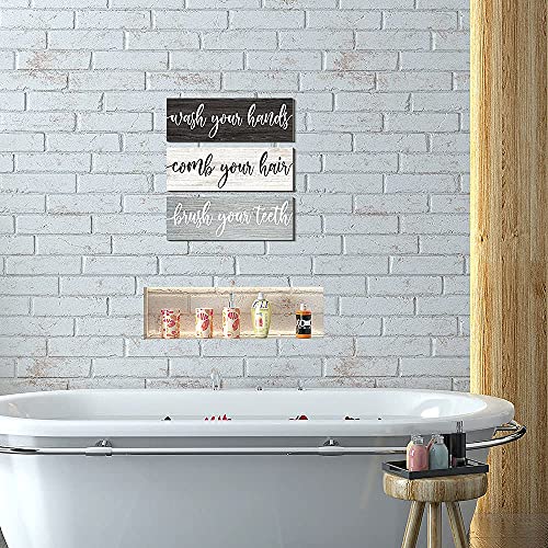 Creoate Bathroom Rules Wall Decor, Set of 3 - Wash Your Hands, Brush Your Teeth, Comb Your Hair - Decorative Rustic Wood Farmhouse Bathroom Wall Decor, Small