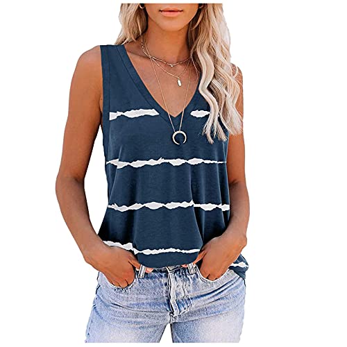 UOCUFY Tank Tops for Women,Women Sleeveless V-Neck Stripe Printed Loose Fit Summer Workout Athletic Tunic Blouses Blue