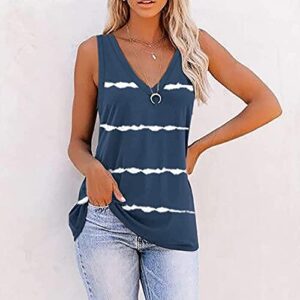 UOCUFY Tank Tops for Women,Women Sleeveless V-Neck Stripe Printed Loose Fit Summer Workout Athletic Tunic Blouses Blue