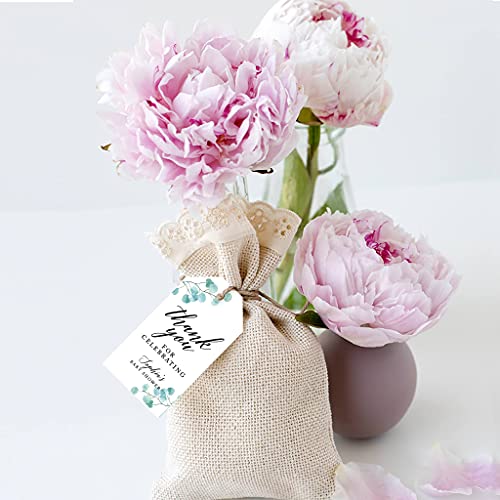 Andaz Press 100-Pack Personalized Baby Shower Favor Tags Silver Dollar Eucalyptus Custom Cardstock Thank You for Celebrating Gift Tags with Bakers Twine for Baby Shower Party Favors 2 x 3.75-Inches