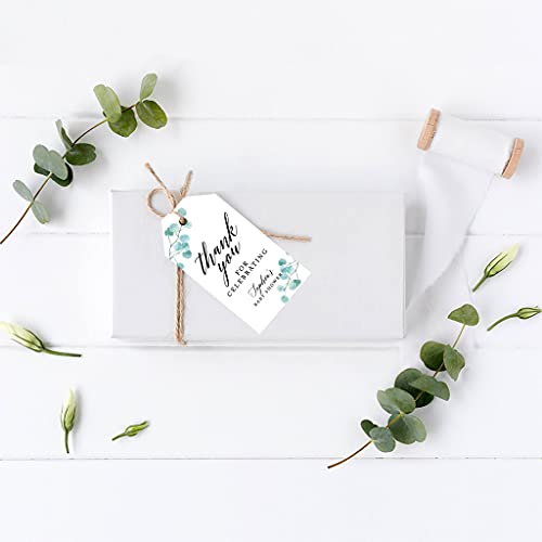 Andaz Press 100-Pack Personalized Baby Shower Favor Tags Silver Dollar Eucalyptus Custom Cardstock Thank You for Celebrating Gift Tags with Bakers Twine for Baby Shower Party Favors 2 x 3.75-Inches