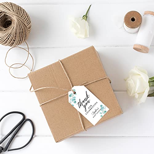 Andaz Press 100-Pack Personalized Baby Shower Favor Tags Silver Dollar Eucalyptus Custom Cardstock Thank You for Celebrating Gift Tags with Bakers Twine for Baby Shower Party Favors 2 x 3.75-Inches