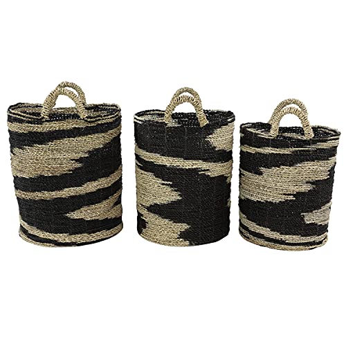 Deco 79 Seagrass Handmade Two Toned Storage Basket with Handles, Set of 3 18", 17", 16"H, Black