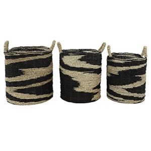 Deco 79 Seagrass Handmade Two Toned Storage Basket with Handles, Set of 3 18", 17", 16"H, Black