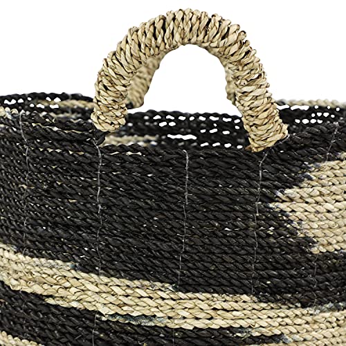 Deco 79 Seagrass Handmade Two Toned Storage Basket with Handles, Set of 3 18", 17", 16"H, Black