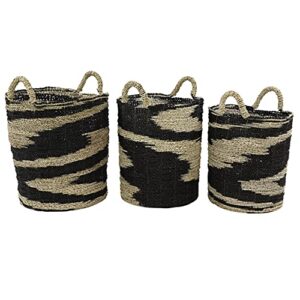 Deco 79 Seagrass Handmade Two Toned Storage Basket with Handles, Set of 3 18", 17", 16"H, Black