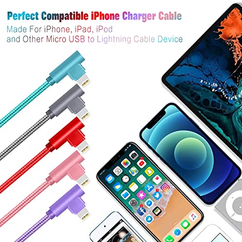 Jeercor iPhone Charger Cord Right Angle Lightning Cable 6FT 5 Pack 90 Degree Nylon Braid Charging Cord Fast Charging Compatible for iPhone 12/12pro/11/11pro/XS/MAX/XR/X/8P/8/7P/7/6 iPad