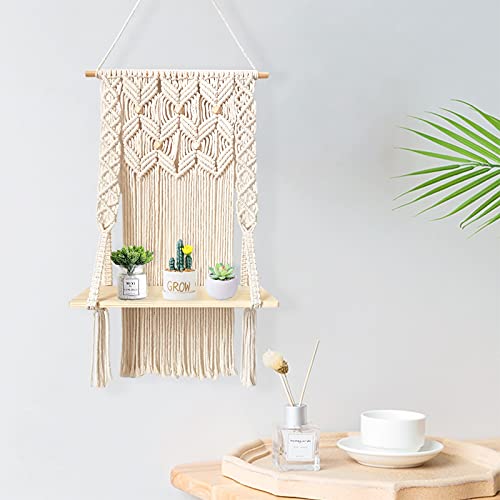 Macrame Wall Shelves Hanging Shelves,Floating Shelves Boho Rustic Decor,Wood Shelves for Bedroom,Bathroom,Living Room (Wooden Beads)