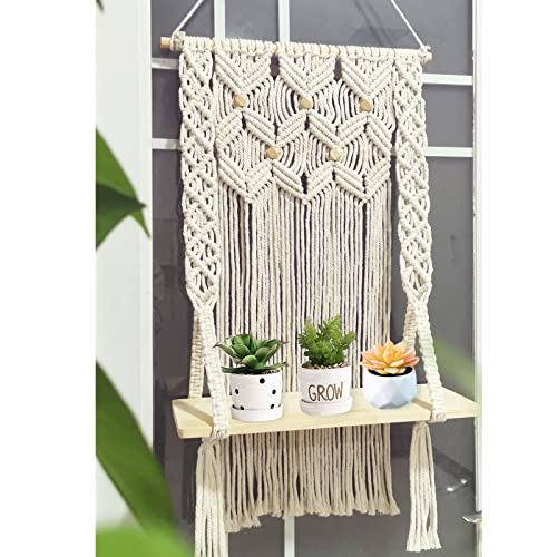 Macrame Wall Shelves Hanging Shelves,Floating Shelves Boho Rustic Decor,Wood Shelves for Bedroom,Bathroom,Living Room (Wooden Beads)