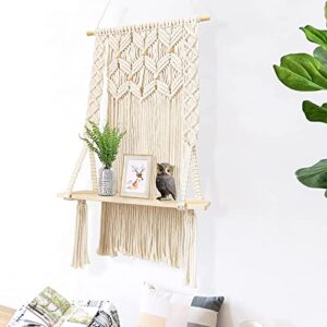 Macrame Wall Shelves Hanging Shelves,Floating Shelves Boho Rustic Decor,Wood Shelves for Bedroom,Bathroom,Living Room (Wooden Beads)