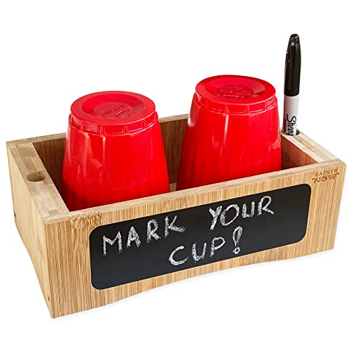 RaekerNow Organic Bamboo Double Solo Cup Holder with Marker Slot, Chalkboard and chalks for Disposable Cups, Party Organizer (Marker and Cups not Included)