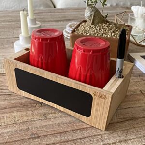 RaekerNow Organic Bamboo Double Solo Cup Holder with Marker Slot, Chalkboard and chalks for Disposable Cups, Party Organizer (Marker and Cups not Included)