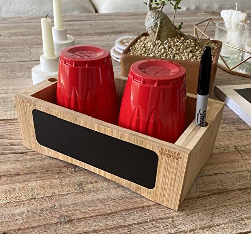 RaekerNow Organic Bamboo Double Solo Cup Holder with Marker Slot, Chalkboard and chalks for Disposable Cups, Party Organizer (Marker and Cups not Included)