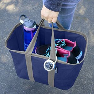 CleverMade EcoBasket 30 Liter Reusable Tote Bag with Reinforced Bottom: Collapsible Grocery Shopping Basket, Blue/Grey, 3 Pack