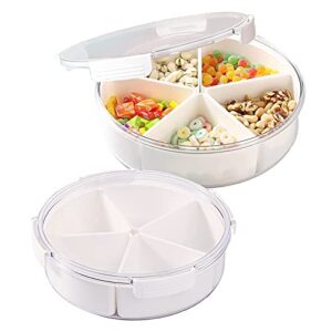 yuroochii round plastic divided serving tray with lids, snack fruit tray, 5 compartment round food storage lunch organizer, food storage lunch storage box, vegetarian candy snack party appetizer tray