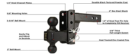 BulletProof Hitches 2.0" Adjustable Medium Duty (14,000lb Rating) 2" Drop/Rise Trailer Hitch with 2" and 2 5/16" Dual Ball (Black Textured Powder Coat)