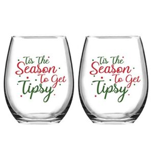 tis the season to get tipsy christmas stemless wine glass, set of 2 christmas wine glasses funny christmas holiday wedding gifts for women friends men family wino, 15 oz