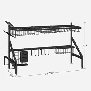 SONGMICS Over The Sink Dish Drying Rack with Adjustable Length (34-39.4 Inches), 2 Tier Kitchen Sink Rack, Space Saving Dish Drainer Organizer for Countertop, Black UKCS023B01