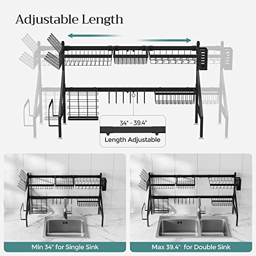 SONGMICS Over The Sink Dish Drying Rack with Adjustable Length (34-39.4 Inches), 2 Tier Kitchen Sink Rack, Space Saving Dish Drainer Organizer for Countertop, Black UKCS023B01