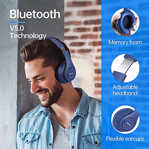 pollini Bluetooth Headphones Over Ear, Wireless Headset V5.0 with 6 EQ Modes, Soft Memory-Protein Earmuffs and Built-in Mic for iPhone/Android Cell Phone/PC/TV