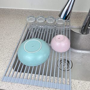 KEEWILL Roll Up Dish Drying Rack - Over The Sink Silicone Coated Sink Drying Rack for Kitchen Large (20.5"x13")