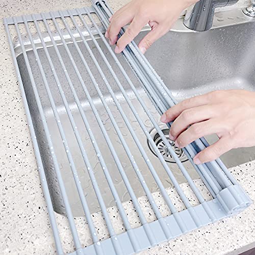 KEEWILL Roll Up Dish Drying Rack - Over The Sink Silicone Coated Sink Drying Rack for Kitchen Large (20.5"x13")