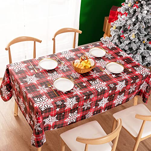 Christmas Tablecloth Vinyl Tablecloth with Flannel Backing, Waterproof Oil-Proof Stain-Resistant Snowflake Plastic Rectangle Checkered Holiday Table Cloth for Indoor Outdoor(Red/Black/White,60 x 84)