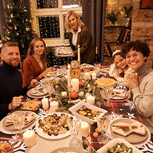 Christmas Tablecloth Vinyl Tablecloth with Flannel Backing, Waterproof Oil-Proof Stain-Resistant Snowflake Plastic Rectangle Checkered Holiday Table Cloth for Indoor Outdoor(Red/Black/White,60 x 84)