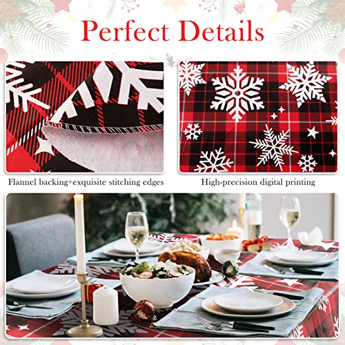 Christmas Tablecloth Vinyl Tablecloth with Flannel Backing, Waterproof Oil-Proof Stain-Resistant Snowflake Plastic Rectangle Checkered Holiday Table Cloth for Indoor Outdoor(Red/Black/White,60 x 84)