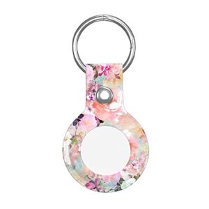 watercolor pink flowers pattern leather airtag case compatible with apple airtag, 1-pack keychain anti-scratch protective skin cover for dogs keys backpack (2021)