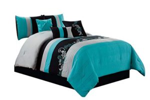 chezmoi collection napa 7-piece luxury leaves scroll embroidery bedding comforter set (queen, teal blue/gray/black)