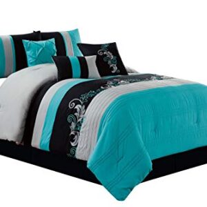 Chezmoi Collection Napa 7-Piece Luxury Leaves Scroll Embroidery Bedding Comforter Set (Queen, Teal Blue/Gray/Black)